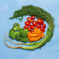 dill. baby tomatoes. carrot. broccoli. on wood blue sky background. space
