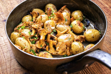 Fresh fried chanterelle with potatoes as top view in a casserole
