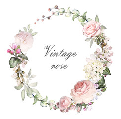 Vintage Card, Watercolor wedding invitation design with pink roses, bud, leaves. flower, background with floral elements for text, watercolor background. Template. wreath, round frame