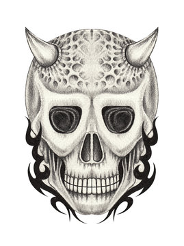 Art Devil Skull Tattoo. Hand pencil drawing on paper.