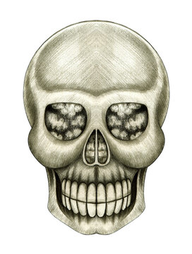 Art Surreal Skull. Hand pencil drawing on paper.