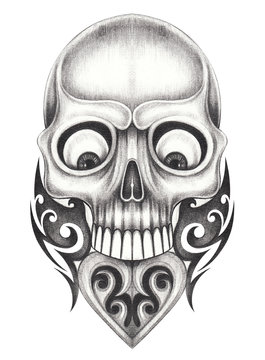 Art Vintage Heart mix Skull Tattoo.Hand pencil drawing on paper.