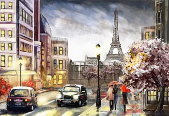 Foto op Canvas oil painting on canvas, street view of Paris. Artwork. eiffel tower . people under a red umbrella. Tree. France © lisima
