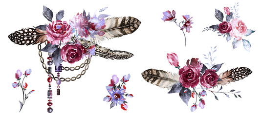 Set watercolor illustration with roses and other flowers,  keys, feathers. Tribal background with flowers, jewelry. Boho Cool print on T-shirt. Vintage © lisima