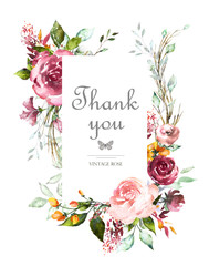 Vintage Card, Watercolor wedding invitation design with pink roses, bud and leaves. flower, background with floral elements for text, watercolor background. Template.  frame