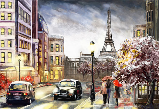 oil painting on canvas, street view of Paris. Artwork. eiffel tower . people under a red umbrella. Tree. France