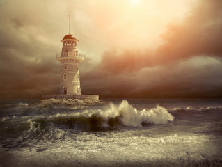 Lighthouse on the sea under sky