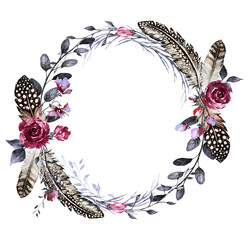 hand painted boho Card, Watercolor invitation design with wildflowers, leaves ,bird feathers.  Tribal  background with floral elements for text, watercolor illustration. Vintage Template. wreath, © lisima