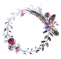 hand painted boho Card, Watercolor invitation design with wildflowers, leaves ,bird feathers.  Tribal  background with floral elements for text, watercolor illustration. Vintage Template. wreath © lisima