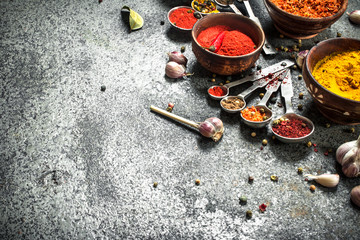 Various herbs and spices with measuring spoons.