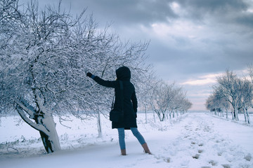 woman walking on a winter snowy landscape, girl wearing black coat with hood and snow covered alley of trees