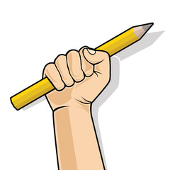 Hand in a fist holding a pencil. Vector illustration.