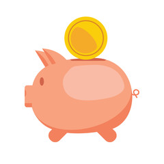 Piggy bank and gold coin. Flat vector illustration.