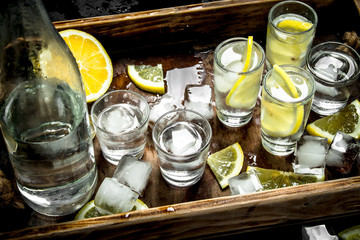 Vodka with lemon and ice on a wooden tray.