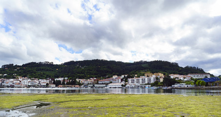 Sandy beach covered with small green algae during low tide. The town of Pontedeume in Galicia, Spain on the other side of the Eume estuary