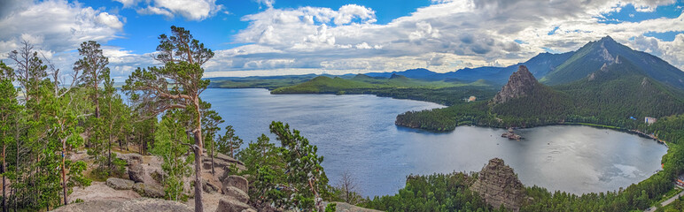 Fototapeta na wymiar Panoramic view from the mountain top of Lake Borovoye. Kazakhstan