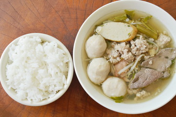 pork ball and liver soup on bowl eat couple with rice