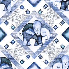 Blauwe naadloze patroon, tegel met aquarel illustratie - Indische olifant, geometrische. Dierlijk, etnisch. tribale sieraad. Kan worden gebruikt voor textiel, prints. Uitstekende achtergrond.