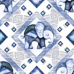 Verduisterende rolgordijnen Olifant Blauwe naadloze patroon, tegel met aquarel illustratie - Indische olifant, geometrische. Dierlijk, etnisch. tribale sieraad. Kan worden gebruikt voor textiel, prints. Uitstekende achtergrond.