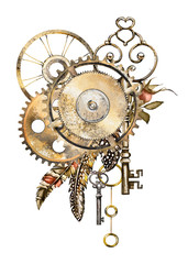 steam punk watercolor Illustration, feathers, clockwork,  jewelry, clock,  Flowers. tattoo style. Illustration isolated on white background. Vintage print.