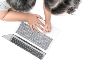 kids playing computer together on top view isolated