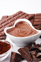 Melting chocolate or melted chocolate and chocolate swirl. stack and powder.