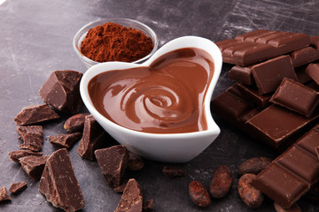 Melting chocolate or melted chocolate and chocolate swirl. stack and powder.