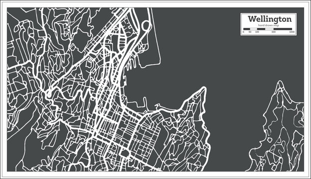 Wellington New Zealand City Map in Retro Style. Outline Map.