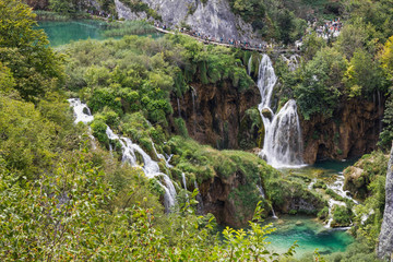 Croatia Waterfall of Plitvice lake, natural travel background, national park