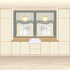 Kitchen interior with wash sink and brass water tap. Window with frame and sill on the wall. Painted wood panel doors. Traditional interior vector illustration