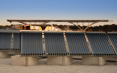 Solar Thermal Panel on roof in winter, Synchrotron in Trieste, Italy