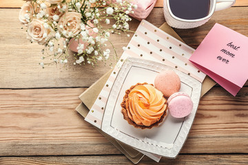 Delicious desserts and greeting card with words 