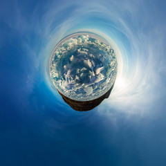 Hummocks on blue ice of Lake Baikal from Olkhon. Spherical 360 panorama little planet