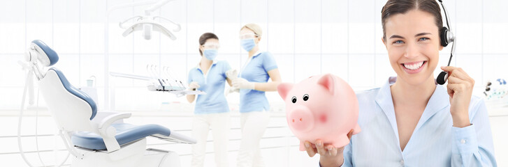 dental care savings and contact us concept, beautiful smiling woman with piggy bank and headset on...