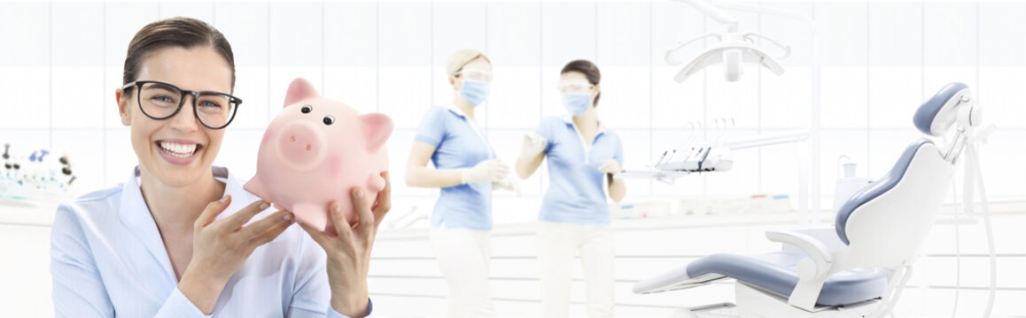 dental care savings concept, beautiful smiling woman with piggy bank on dentist clinic background with dentist's chair, web banner template