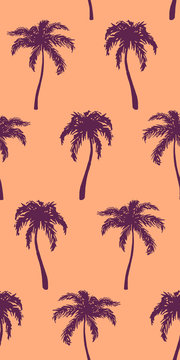 Monochrome orange violet tropical palm tree hand drawn sketch seamless pattern texture background vector