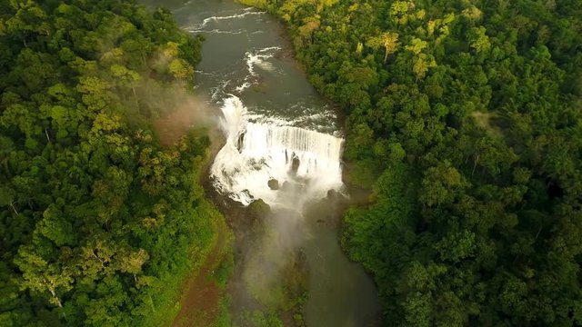 4k Aerial view shot : Sae Pong Lai waterfall, the unseen in Laos. sunset