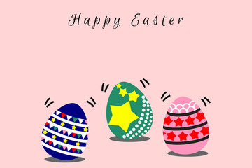 Illustration of a flat design cartoon vector, Easter eggs, on pink background. Spring and Easter- related time. Picture with copy space for print, greeting card or graphic design.