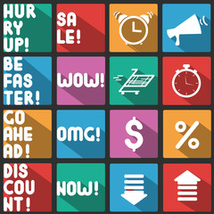 Sale discounts icon set. Flat icons with long shadow. Vector symbols and words