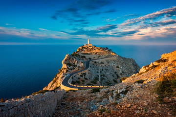 Lighthouse of Cap de Formentor Mallorca Spain around Sunset  - obrazy, fototapety, plakaty