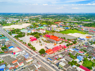 Aerial view of temple and suburb houses and etc.