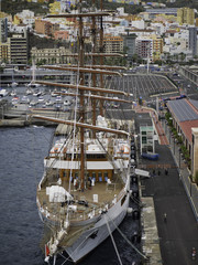 Fototapeta premium Three mast sailing ship moored in the harbour of Santa Cruz on the island of La Palma in the Canary Islands