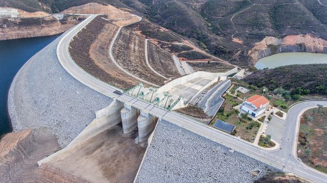 Aerial. Structure gateway for draining water on a dam Odelouca.