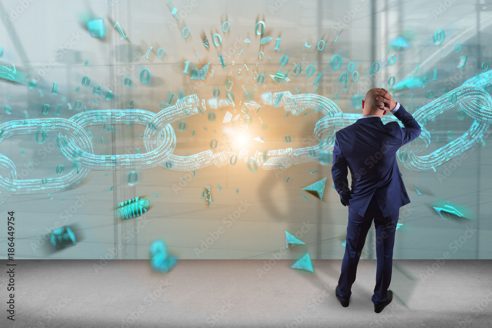 Poster businessman in front of a wall with weak link of a broken blockchain exploding - 3d render