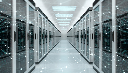 Server room center exchanging cyber datas 3D rendering - obrazy, fototapety, plakaty