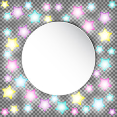 Bright colorful glowing star lights on transparent background.  Vector design for Holiday cards, valentine's day, Christmas, New Year, birthday, party, banners. Template or mock up. Children design.