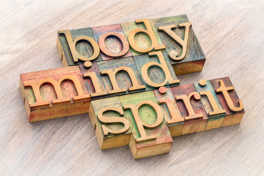 body, mind and spirit word abstract in wood type