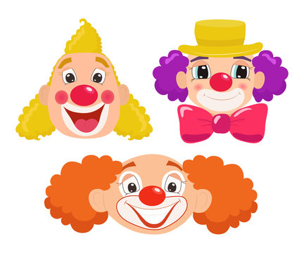 Set of cartoon clown faces. Vector illustration.