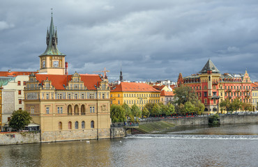 Prague, Czech Republic - October 10, 2017: View on ancient Old Town Water Tower and Vltava river,...