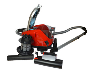 New modern red vacuum cleaner with its elements set on white background